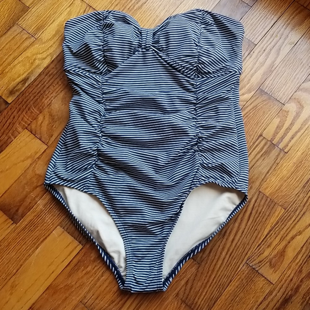 Strapless navy striped one piece